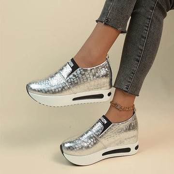 Xajzpa Patent Leather Wedge Loafers Shoes for Women New Height Increasing Platform Sneakers Woman Lightweight Slip On Casual Shoes